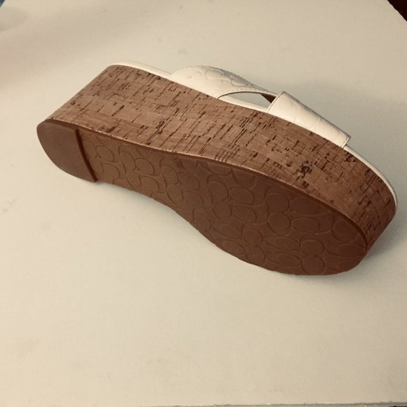 Coach $225 Espadrilles sz6.5 Cork Wedge Slide Sandals Logo Cross Band Chalk - Picture 5 of 5